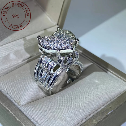 2025 New Women Luxury Shiny Cubic Zirconia 925 Sterling Silver Love Heart Retro Exaggerated Wedding Rings Bridal Jewelry