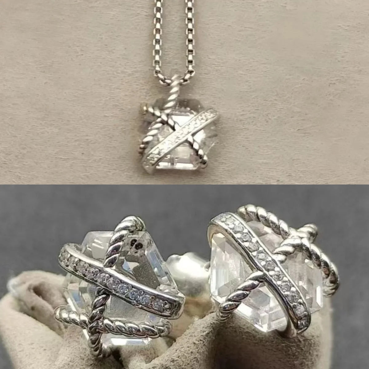 2025 New High-Quality Christmas Elegant and Simple Hexagonal Diamond Stud Earrings and Necklace Set - Valentine's Day Gift